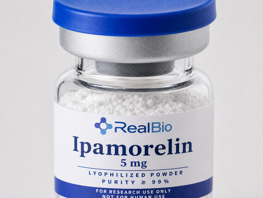 Ipamorelina · detalle del polvo liofilizado y el sello