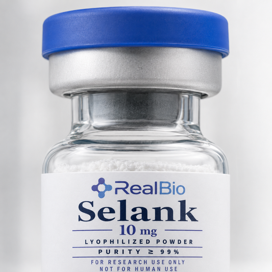 Selank · detalle del polvo liofilizado y el sello