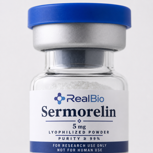 Sermorelina · detalle del polvo liofilizado y el sello