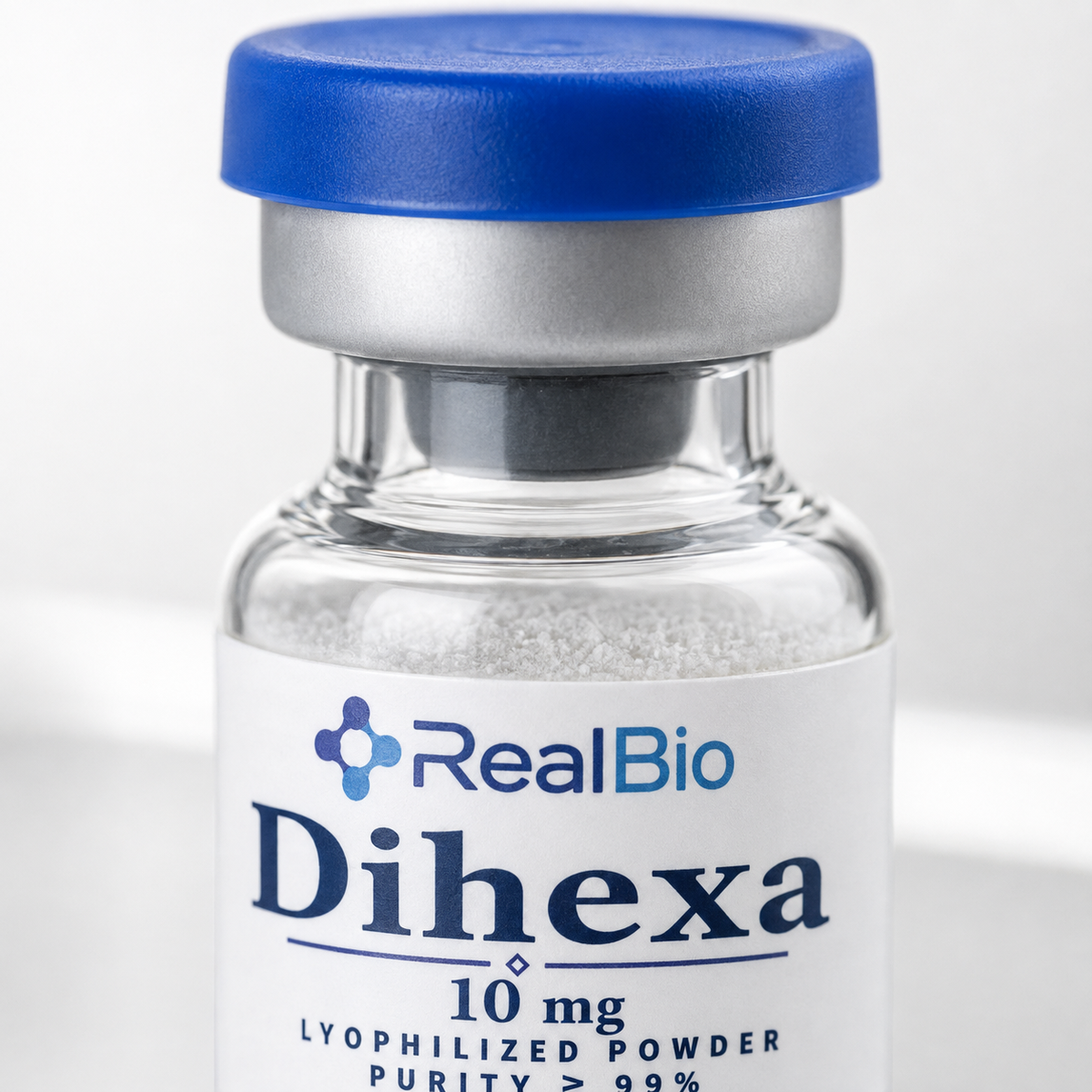 Dihexa · detalle del polvo liofilizado y el sello