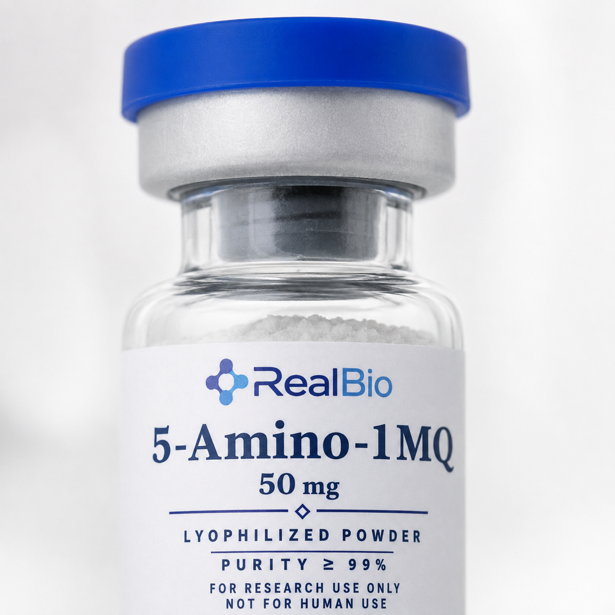 5-Amino-1MQ · detalle del polvo liofilizado y el sello
