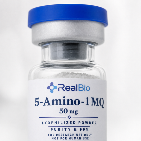 5-Amino-1MQ · detalle del polvo liofilizado y el sello